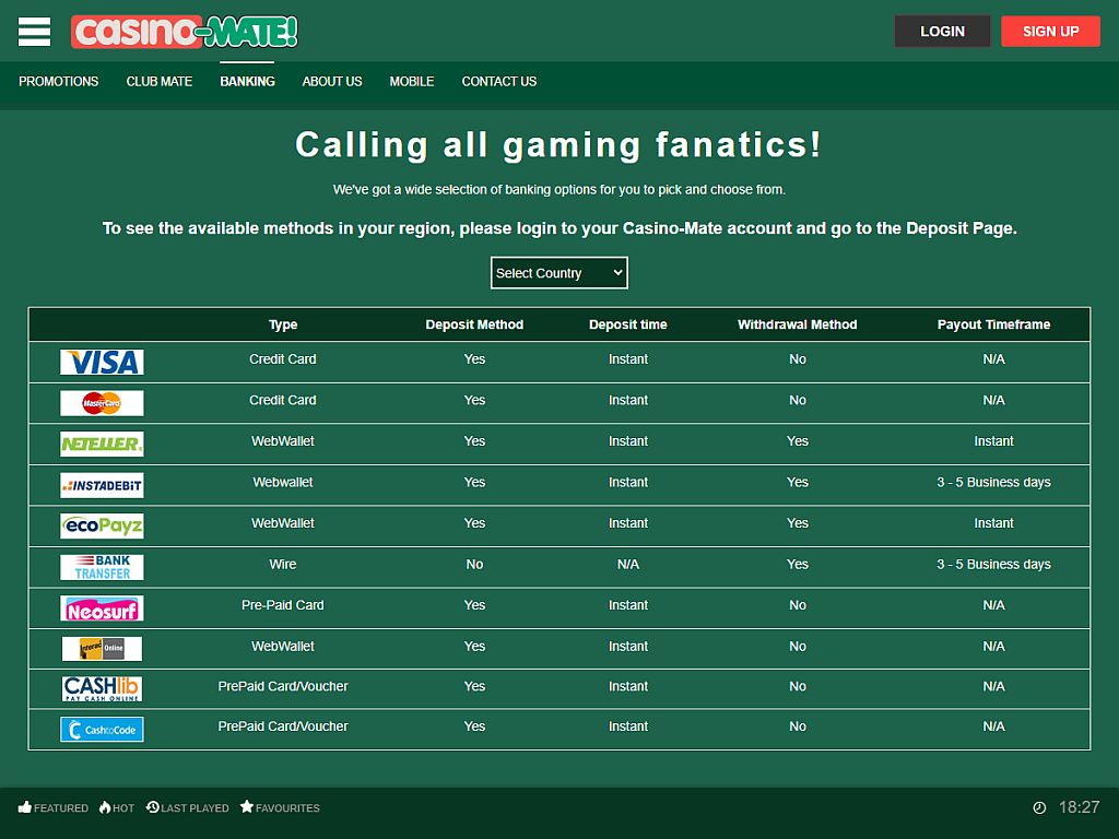 Dashboard view of Casinomate online platform showcasing game lobby.