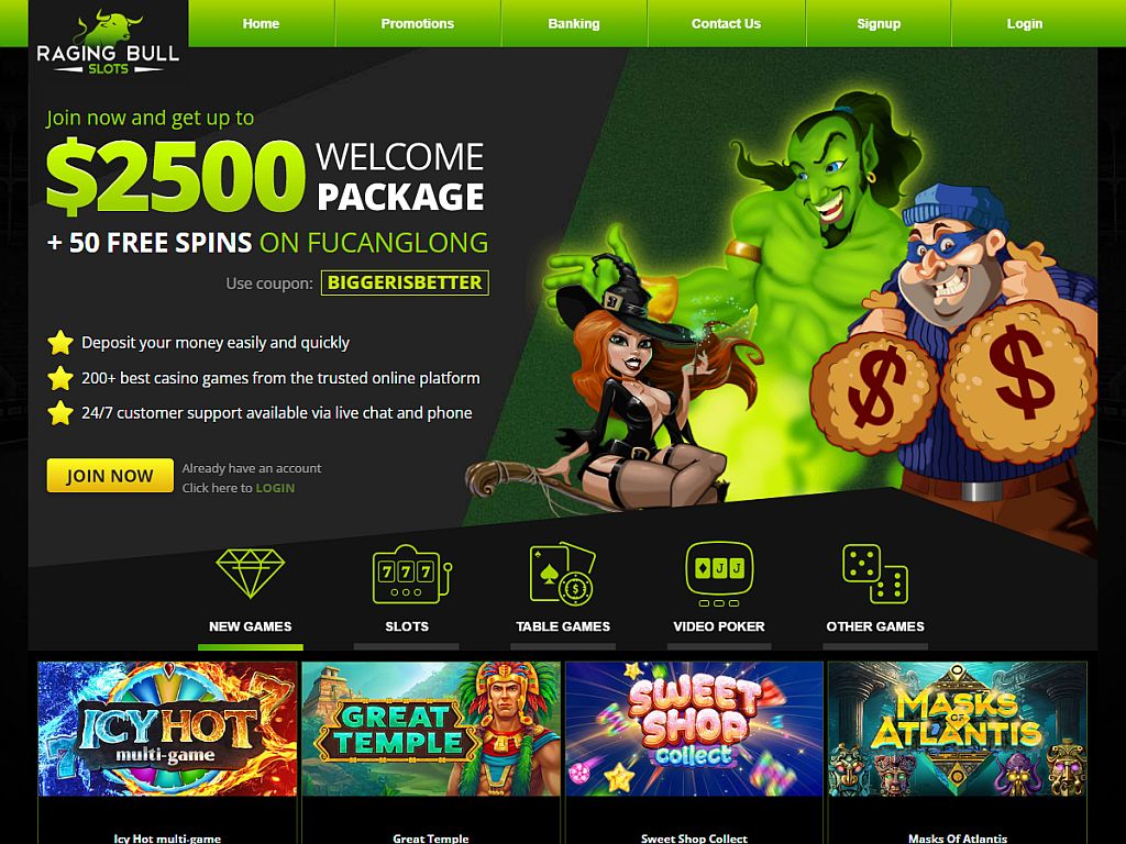 Raging Bull Casino interface showcasing games and login panel